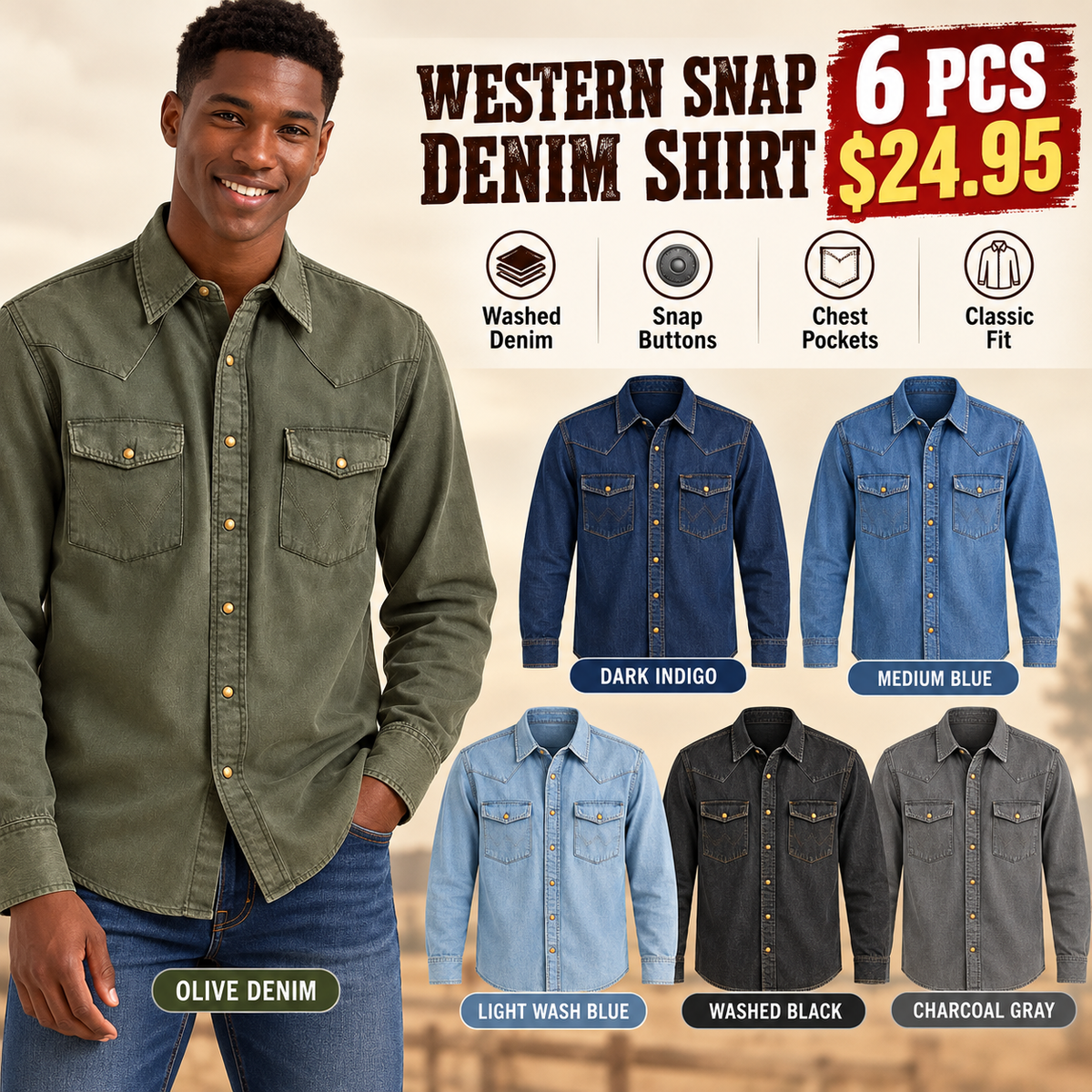 🔥 BESTSELLER | 6PCS $24.95 | Men's Western Snap Denim Shirt