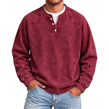 Distressed Washed Cotton Henley Long Sleeve Shirts