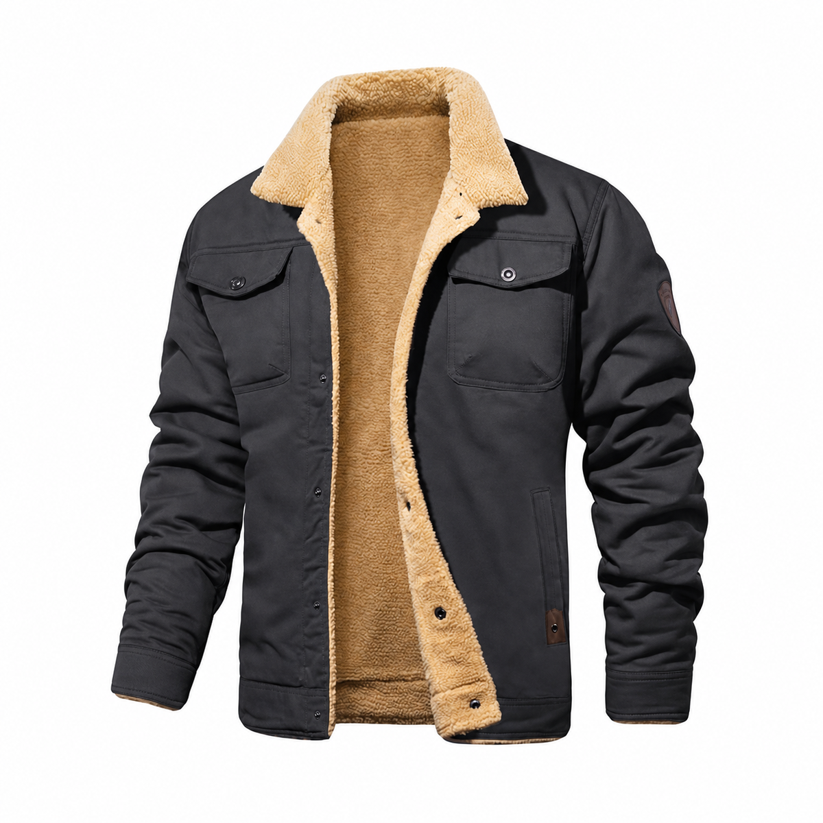 Men's Fitted Sherpa-Lined Soft Cotton Fleece Windproof Trucker Cargo Jacket