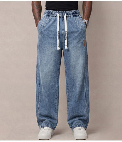 Men's Stretch 100% Cotton Loose Fit Jeans with Elastic Drawstring Waist