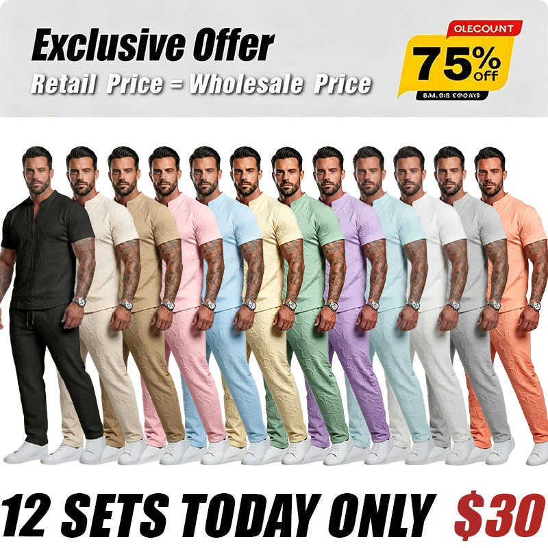 Men's Casual Textured Notched Neck Tee & Regular-Fit Drawstring Trousers