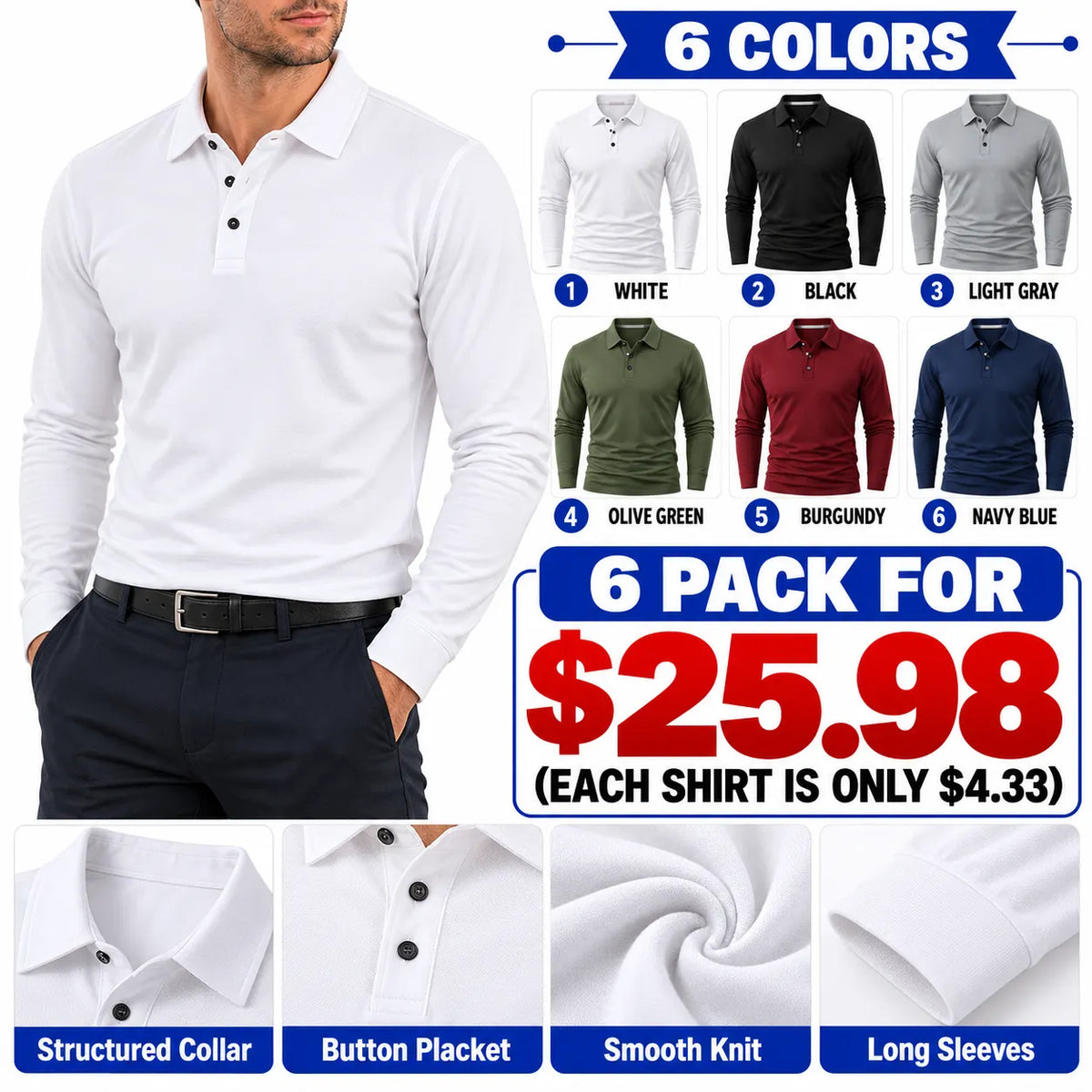 Men's Long Sleeve Collared T-Shirt