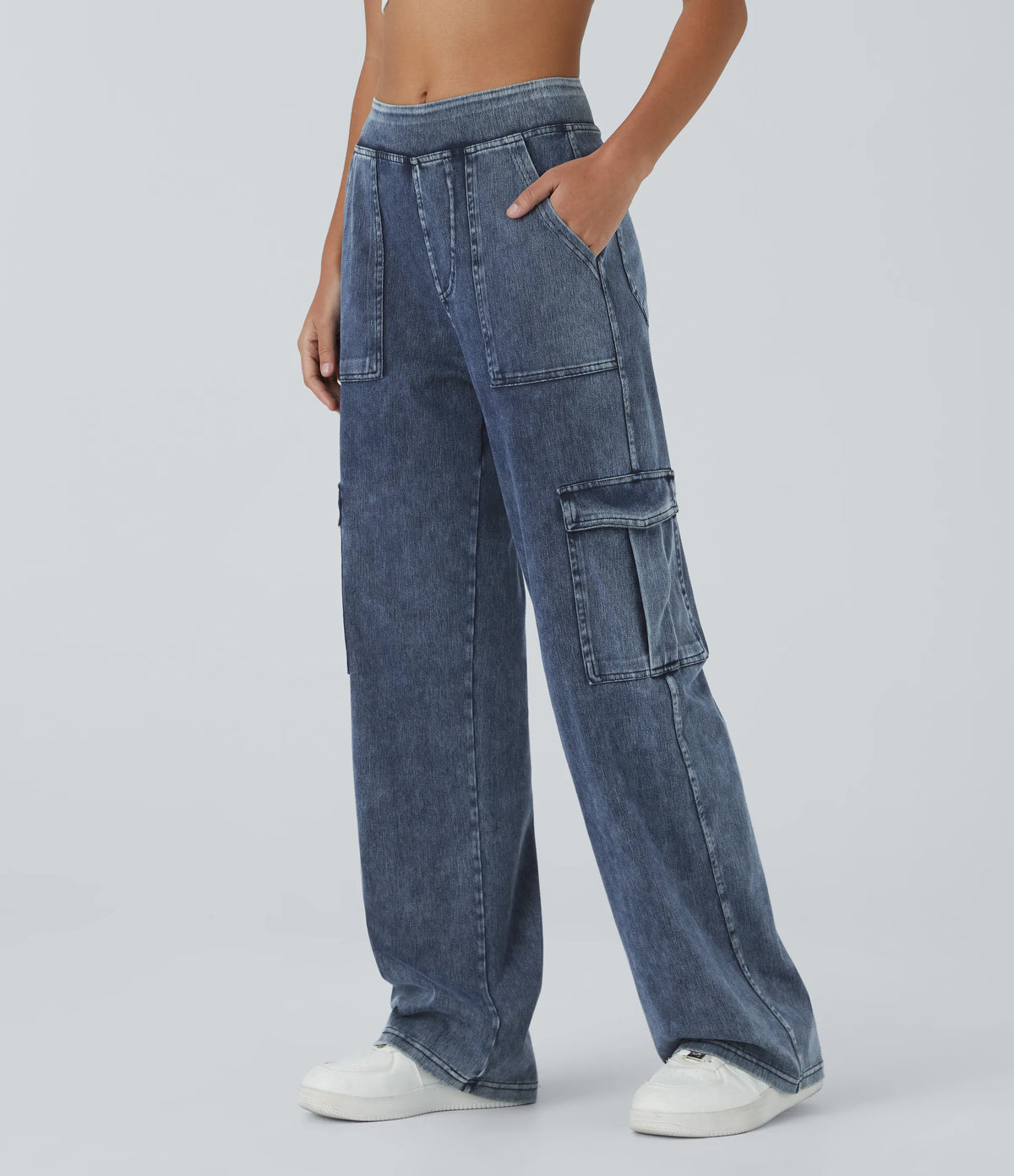 Mid Rise Multi Pockets Straight Leg Stretch Casual Cargo Jeans