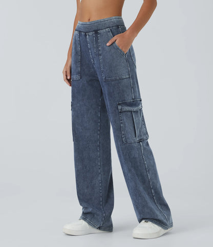 Mid Rise Multi Pockets Straight Leg Stretch Casual Cargo Jeans