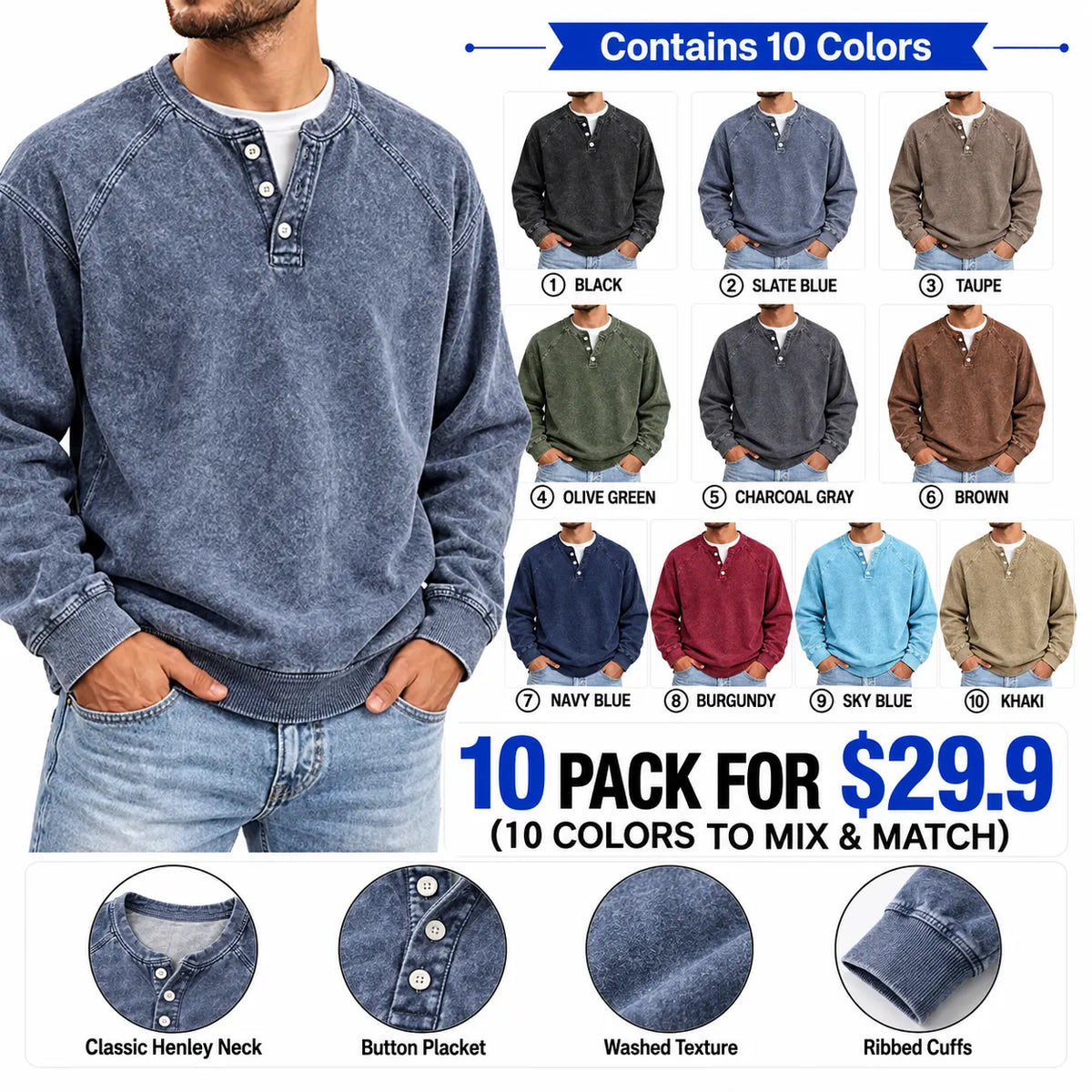 Distressed Washed Cotton Henley Long Sleeve Shirts