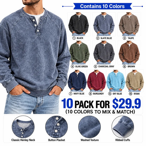 Distressed Washed Cotton Henley Long Sleeve Shirts