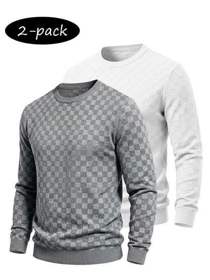 4-Pack Men's Checkered Knit Sweaters – Lightweight Crewneck Long Sleeve Pullovers