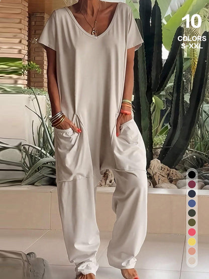 Women's Basic V-Neck Short Sleeve Jumpsuit - Casual Loose Wide Leg Romper with Pockets