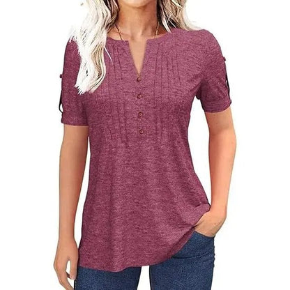 🔥Women's V Neck T Shirt – Casual Pleated Button Top, Loose Fit Short