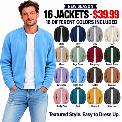 Men's Simple Casual Ribbed Stand Collar Zipper  Long Sleeved Jacket