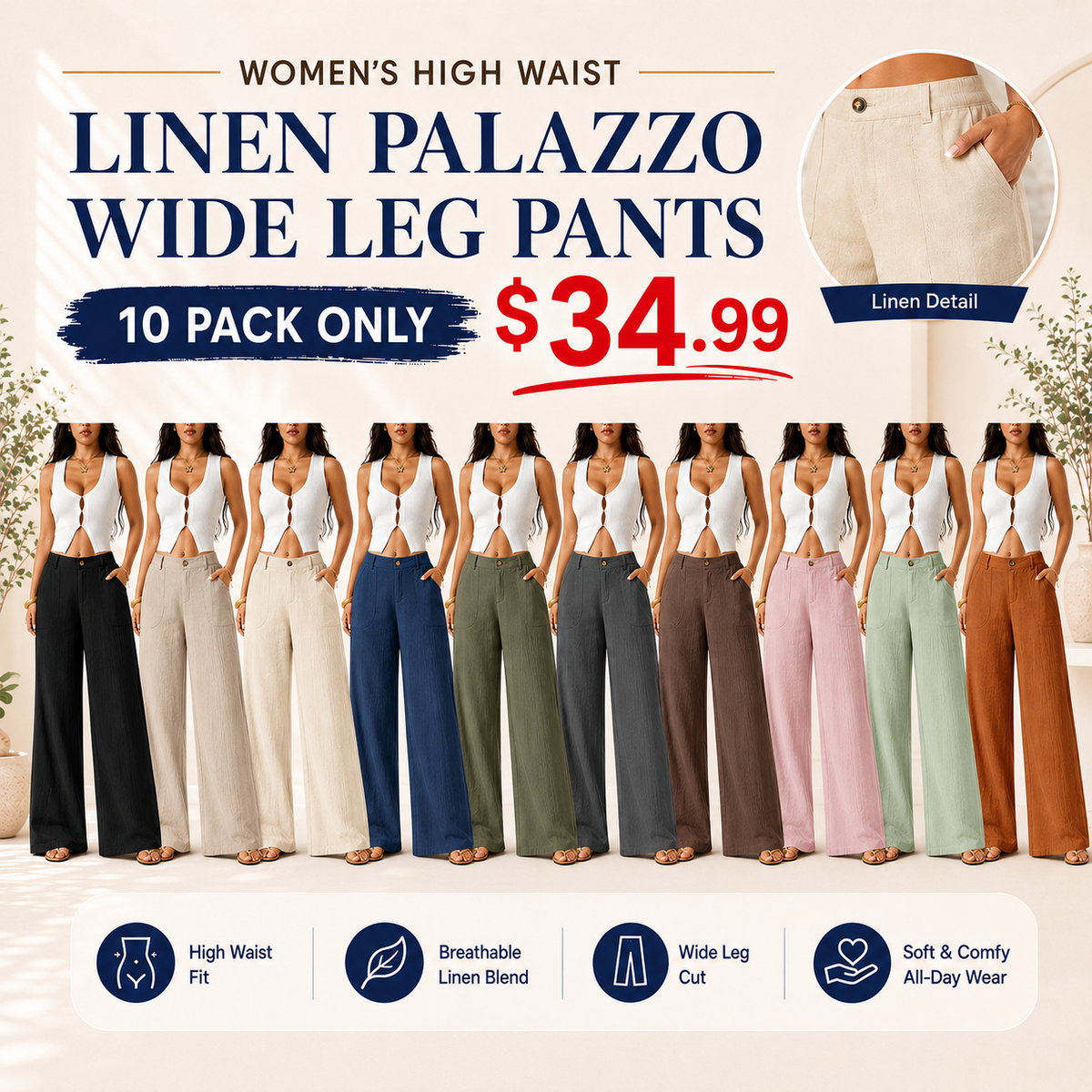 Women's High Waist Linen Palazzo Wide Leg Pants