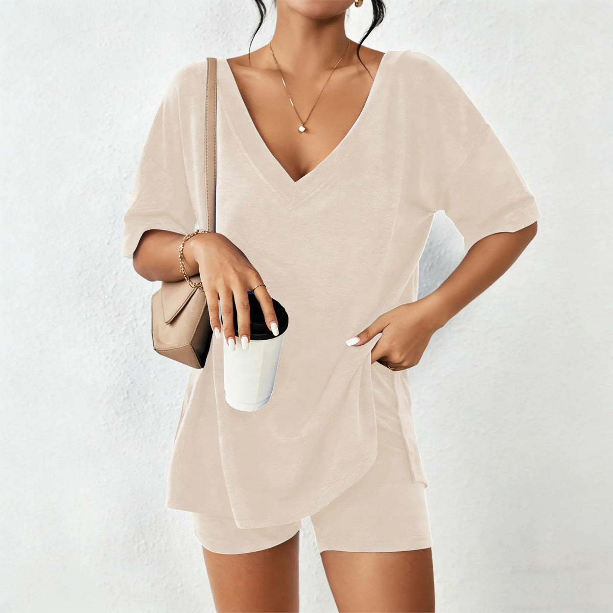 Women's V-Neck 2-Piece Loungewear Set Oversized Split Hem Top & High Waist Biker Shorts Casual Soft Pajamas