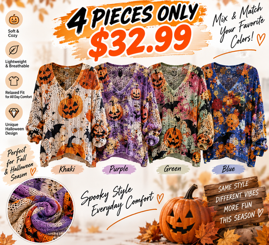 🎃 4 FOR ONLY $32.99! Women's Halloween Knit Sweater – Pumpkin & Bat Print Relaxed Fit Top in 4 Colors