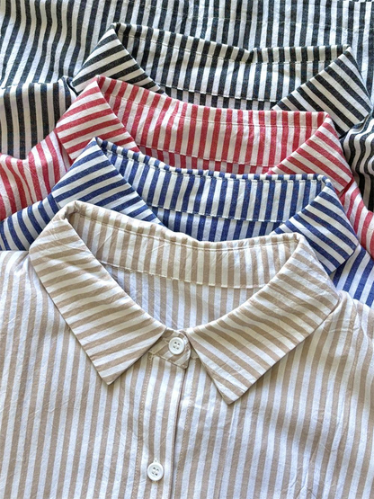 Women's Casual Long Sleeve Button Down Loose Striped Cotton Maxi Shirt Dress – Batwing Sleeves Breathable Lightweight Beach Caftan