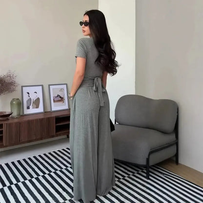 Women's Wrap V-Neck Wide Leg Two-Piece Set