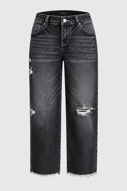 🔥 4 FOR ONLY $26.99! Women’s Mid-Waist Straight Leg Crop Jeans – Washed Ripped Raw Hem Denim