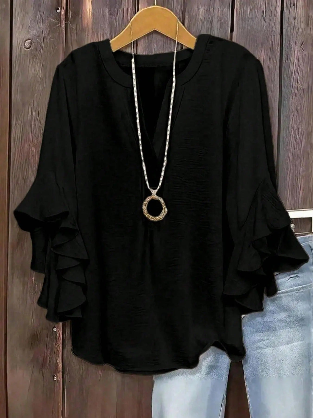 Plus Size Women's Ruffled Sleeve V-Neck Shirt Blouse Tops, Elegant Floral Design