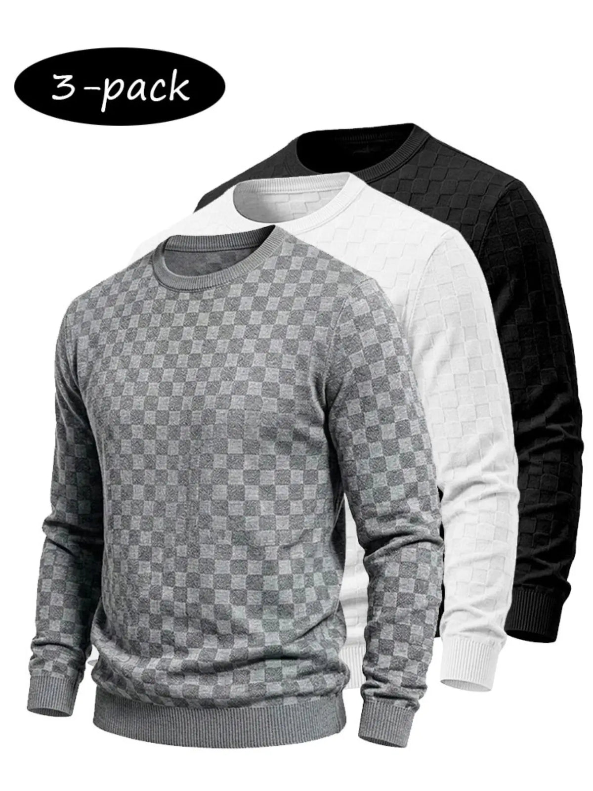 4-Pack Men's Checkered Knit Sweaters – Lightweight Crewneck Long Sleeve Pullovers