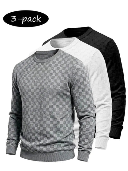 4-Pack Men's Checkered Knit Sweaters – Lightweight Crewneck Long Sleeve Pullovers