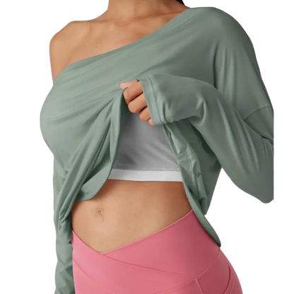 Women's Long-Sleeve Off-Shoulder Athletic Top with Curved Hem and Built-in Bra