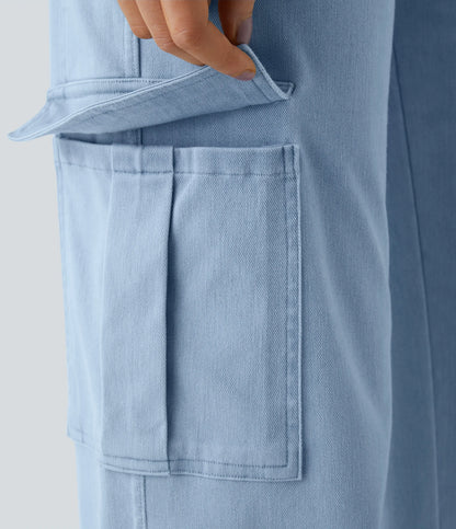 Mid Rise Multi Pockets Straight Leg Stretch Casual Cargo Jeans