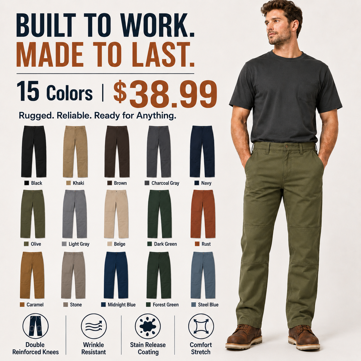 MEN’S DOUBLE KNEE STRAIGHT WORK PANTS
