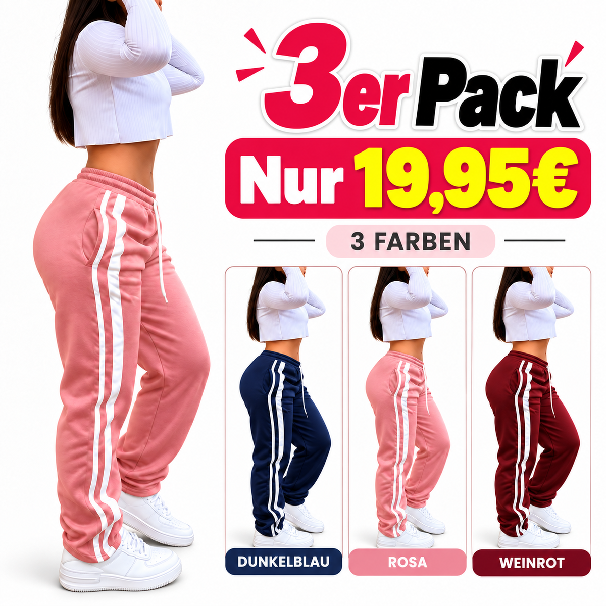 Damen Trackpants mit Doppelstreifen – Lockerer Schnitt & Kordelzug