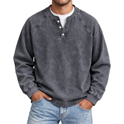 Distressed Washed Cotton Henley Long Sleeve Shirts