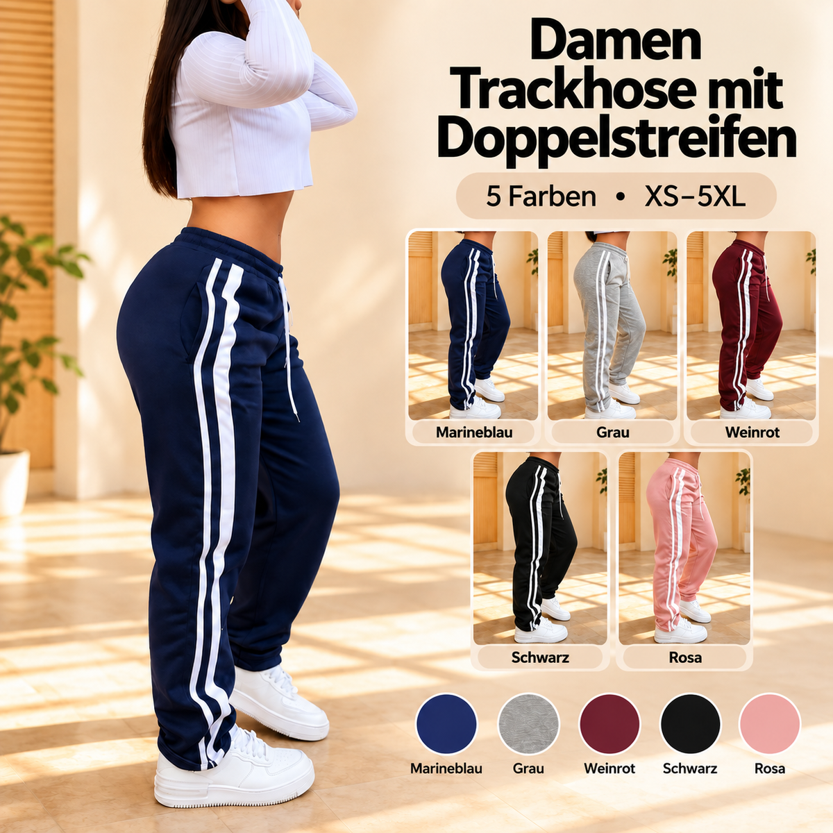 Damen-Trackpants mit doppelten Seitenstreifen & Kordelzug – Locker geschnittene Freizeit-Jogginghose