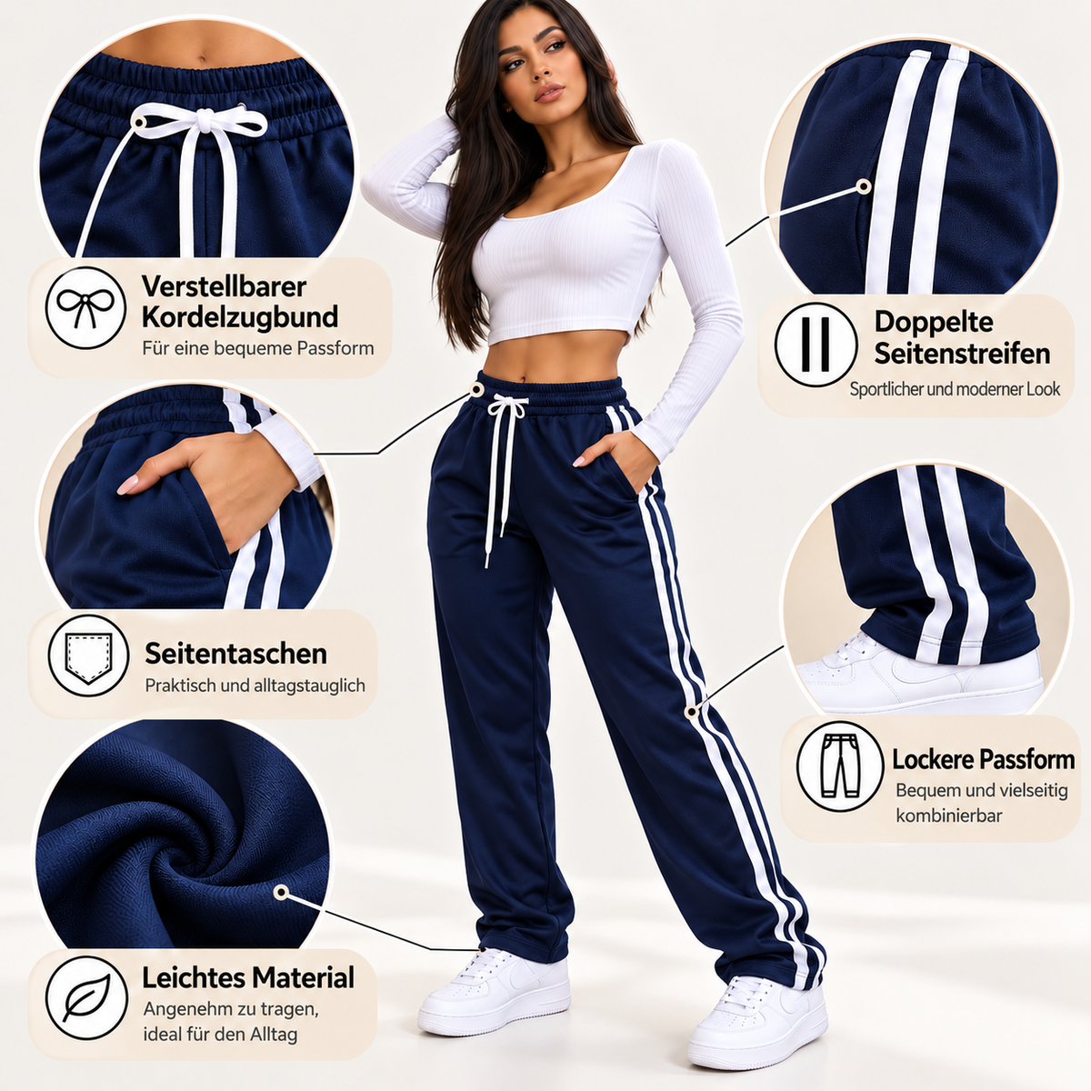 Damen Trackpants mit Doppelstreifen – Lockerer Schnitt & Kordelzug