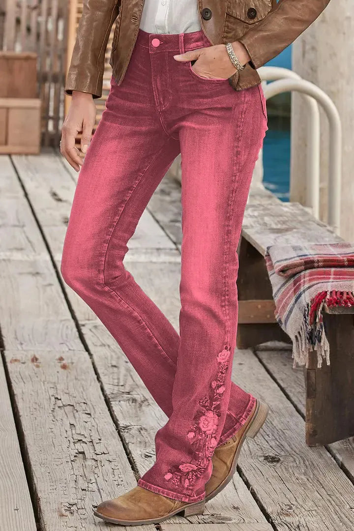 Mid-waist bootcut jeans with floral embroidery