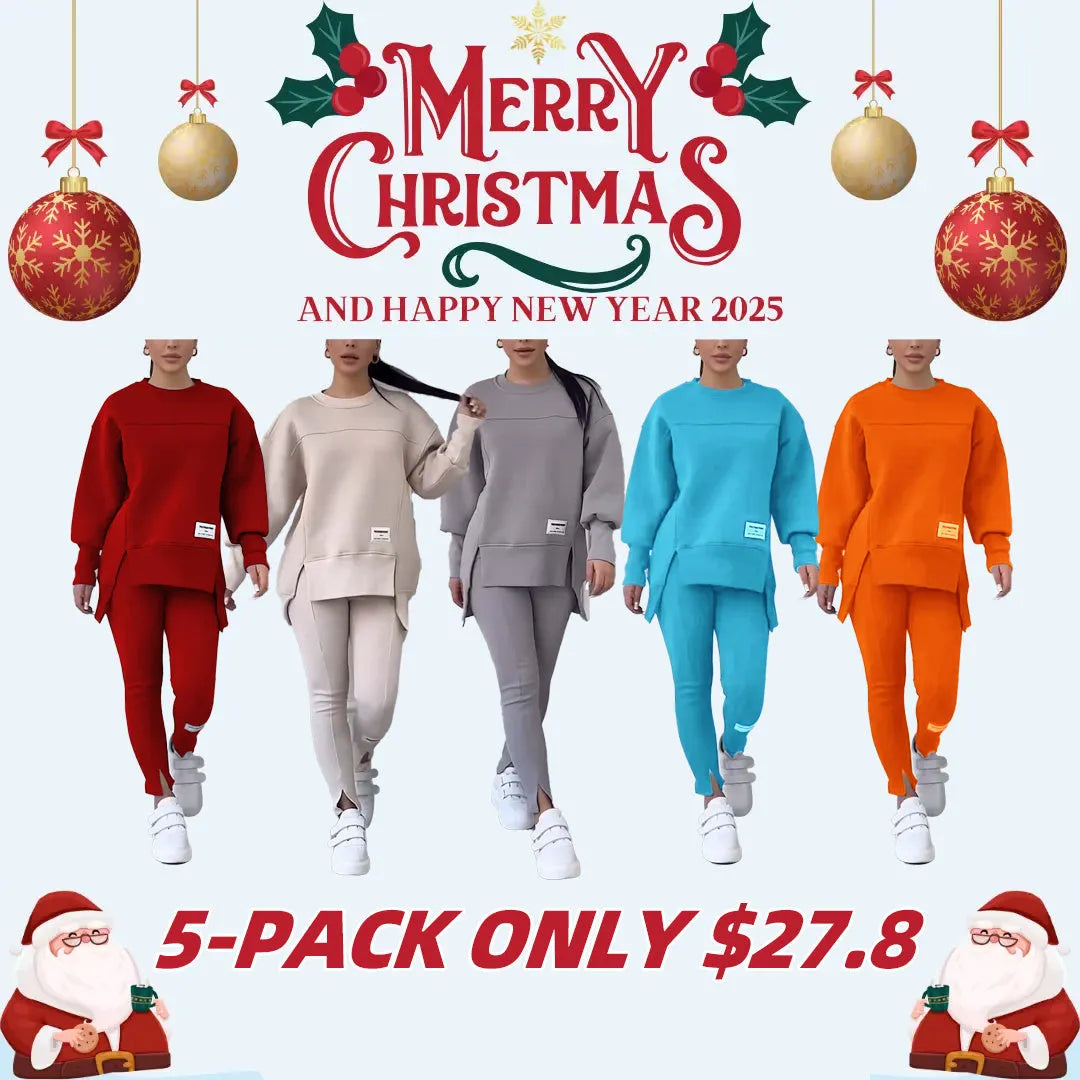 Women's Casual Solid Color Round Neck Long Sleeve Slit Hem Sweatshirt Leggings Set