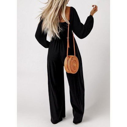 Women's Casual Loose Overalls Jumpsuits One Piece Long Sleeve Wide Leg Long Pant Rompers With Pockets