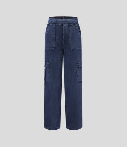 Mid Rise Multi Pockets Straight Leg Stretch Casual Cargo Jeans