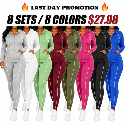 Women's 2-Piece 2026 Autumn/Winter Casual Striped Hooded Jacket & Full-Length Pants Set