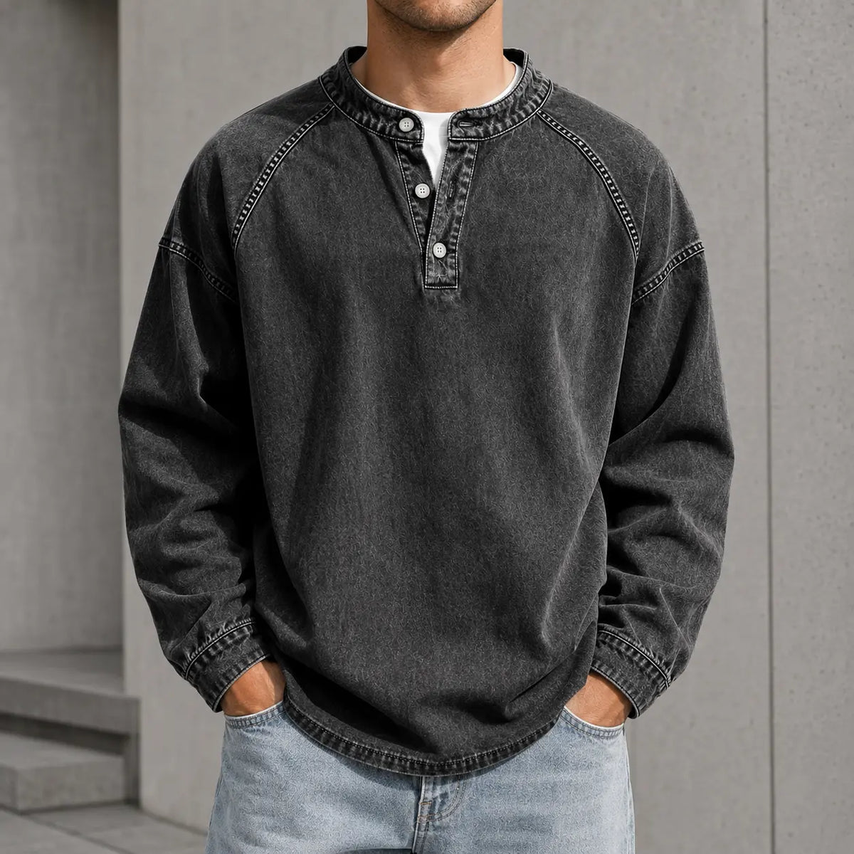 Men's Vintage Washed Henley Pullover – 3-Button Long Sleeve Relaxed Fit Casual Shirt