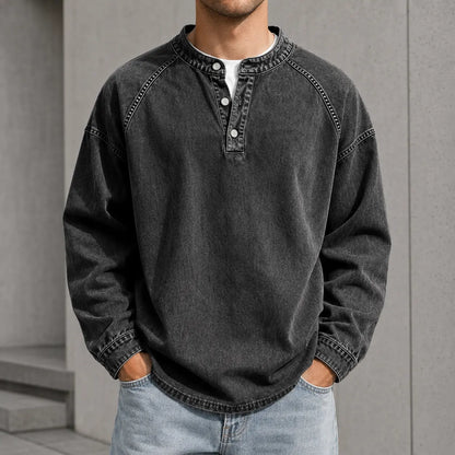 Men's Vintage Washed Henley Pullover – 3-Button Long Sleeve Relaxed Fit Casual Shirt