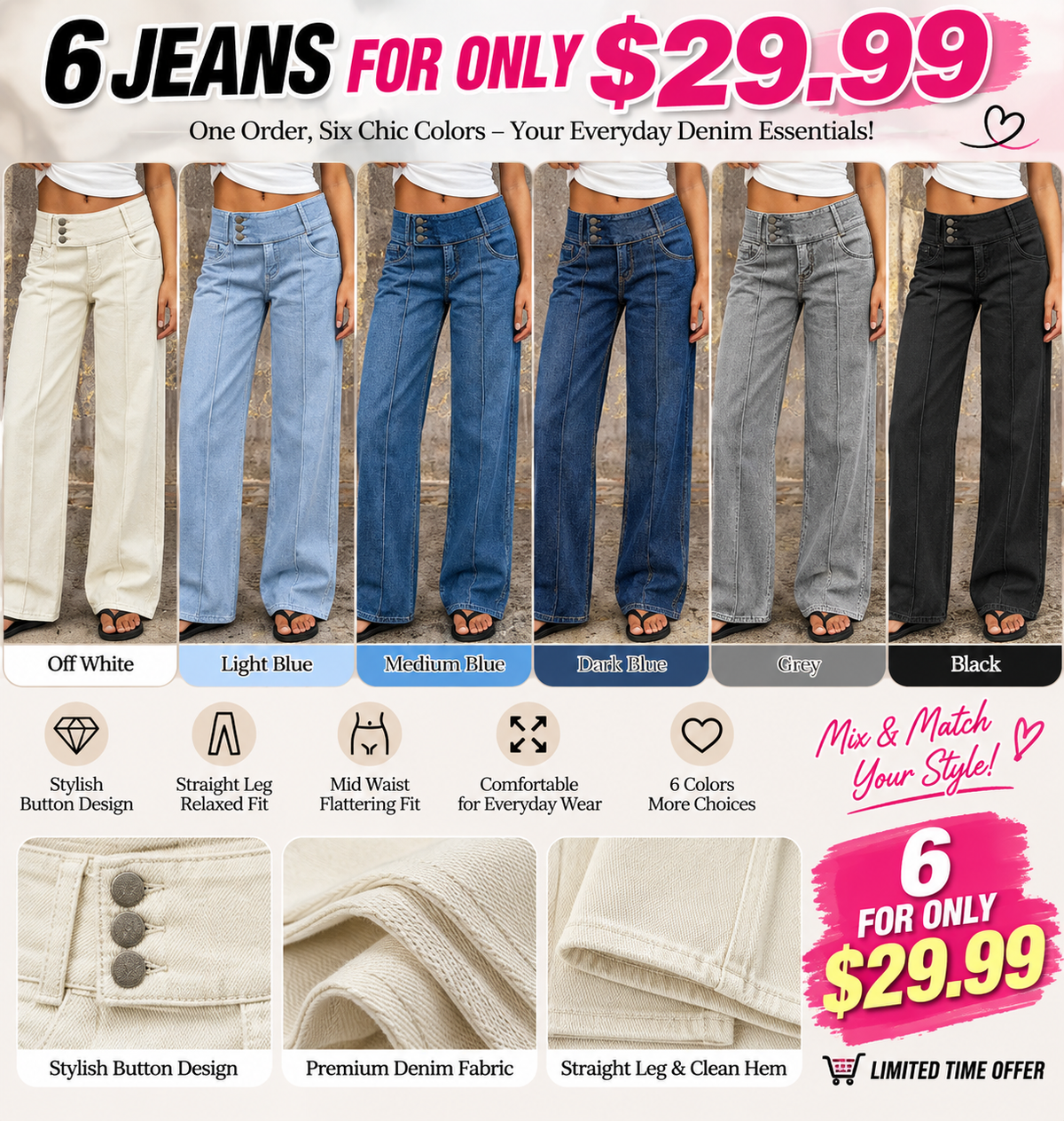 🔥 6 FOR ONLY $29.99! Asymmetrical Button Fly Mid-Waist Straight Leg Pants – Limited-Time Clearance Deal