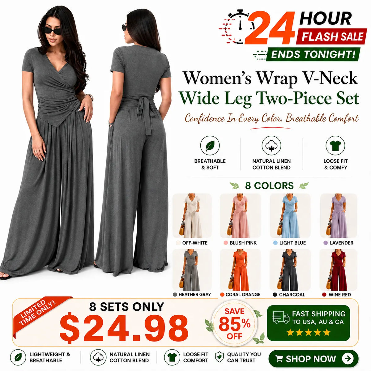 Women's Wrap V-Neck Wide Leg Two-Piece Set