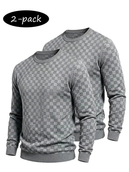 4-Pack Men's Checkered Knit Sweaters – Lightweight Crewneck Long Sleeve Pullovers