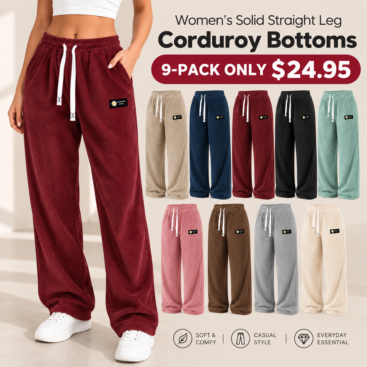 🔥LAST DAY SALEWomen's Solid Straight Leg Corduroy Bottoms-100% Cotton
