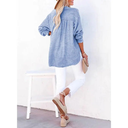 Womens Casual Button V Neck Long Sleeve Shirts Oversized Solid Blouses Tops