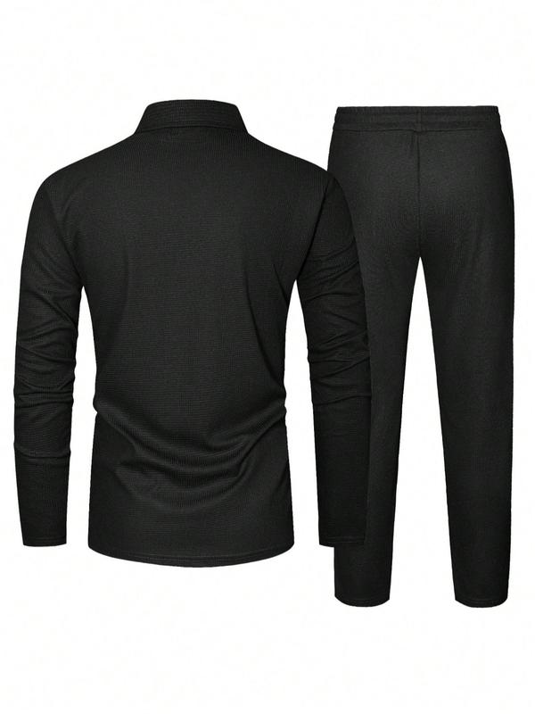 Men's Solid Textured Long Sleeve Polo Shirt & Drawstring Waist Pants Set