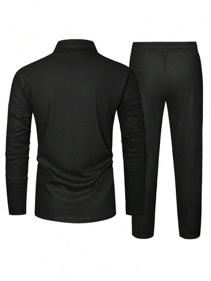 Men's Solid Textured Long Sleeve Polo Shirt & Drawstring Waist Pants Set