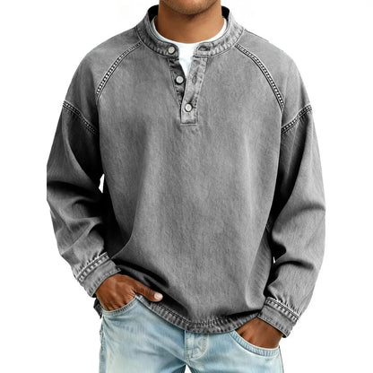 Men's Vintage Washed Henley Pullover – 3-Button Long Sleeve Relaxed Fit Casual Shirt