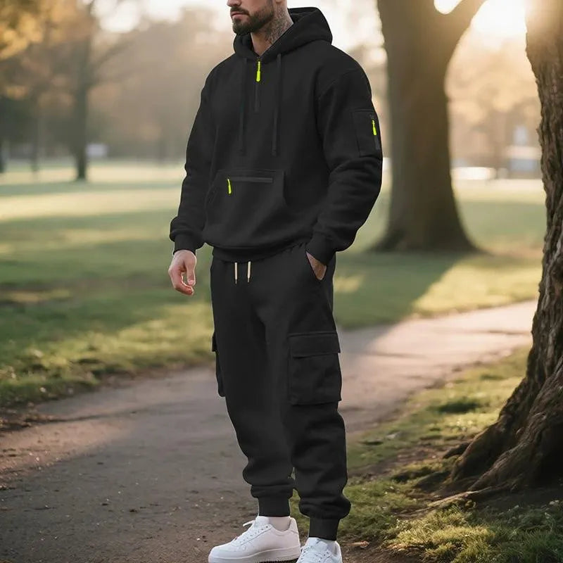 Men's 2-Piece Hooded Tracksuit Set | Casual Cargo Jogger Sweatpants & Oversized Hoodie | Streetwear Outfit
