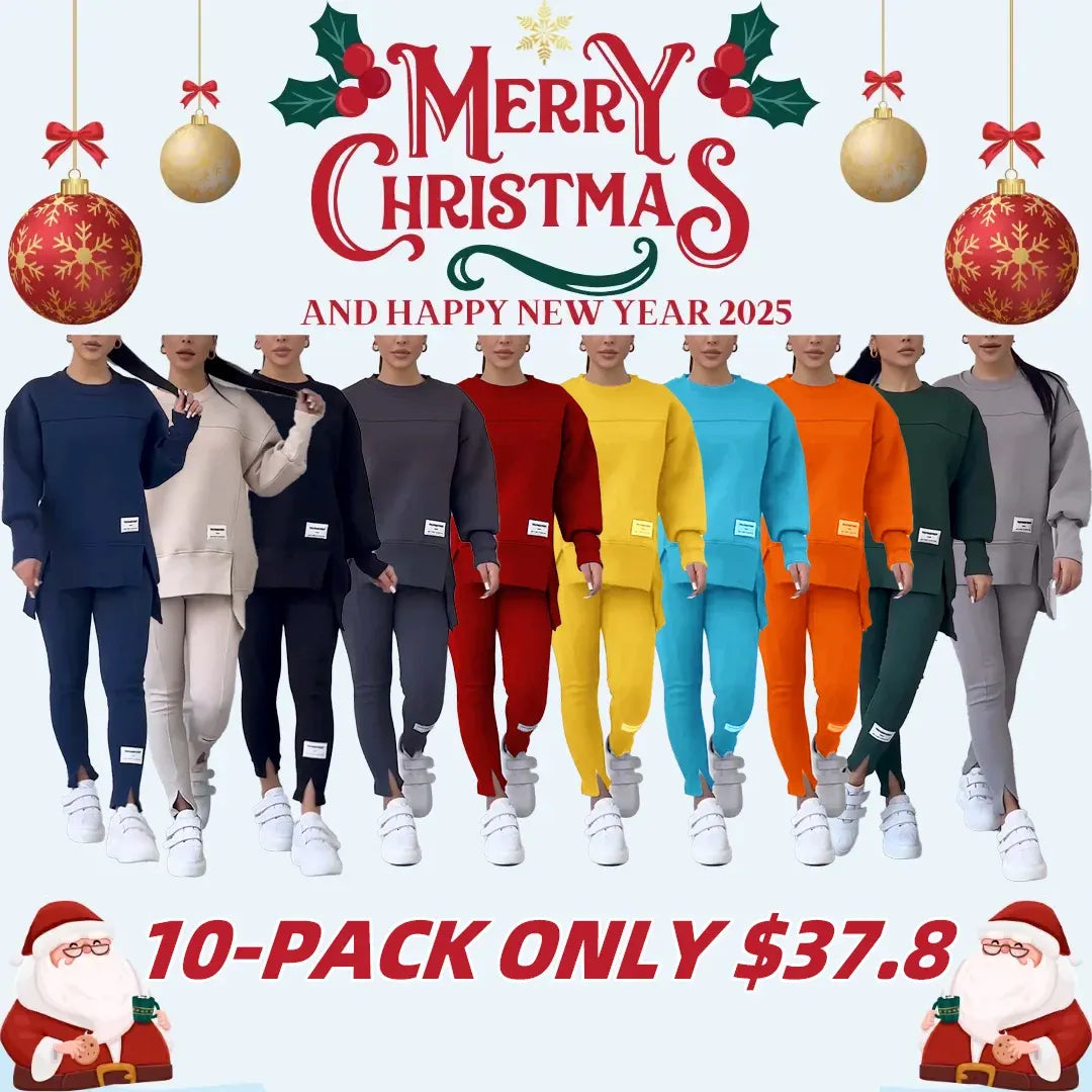 Women's Casual Solid Color Round Neck Long Sleeve Slit Hem Sweatshirt Leggings Set