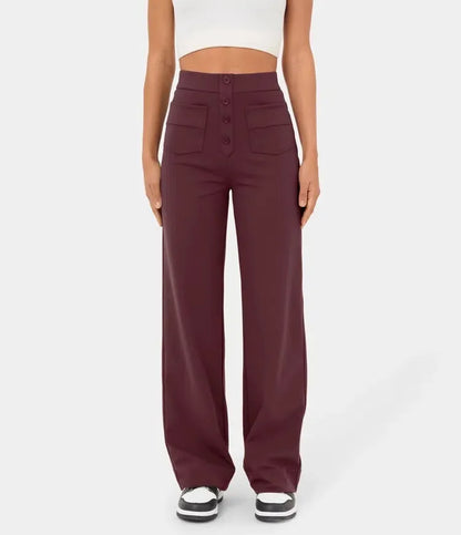High Waisted Button Multiple Pockets Straight Leg Casual Pants