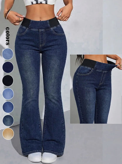 Women's Mid-High Waist Elastic Waist Flared Jeans