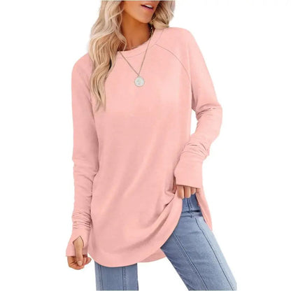Women's Casual Long Sleeve Tops Crew Neck Round Hem Loose T-Shirts Tunic Tops with Thumb Holes
